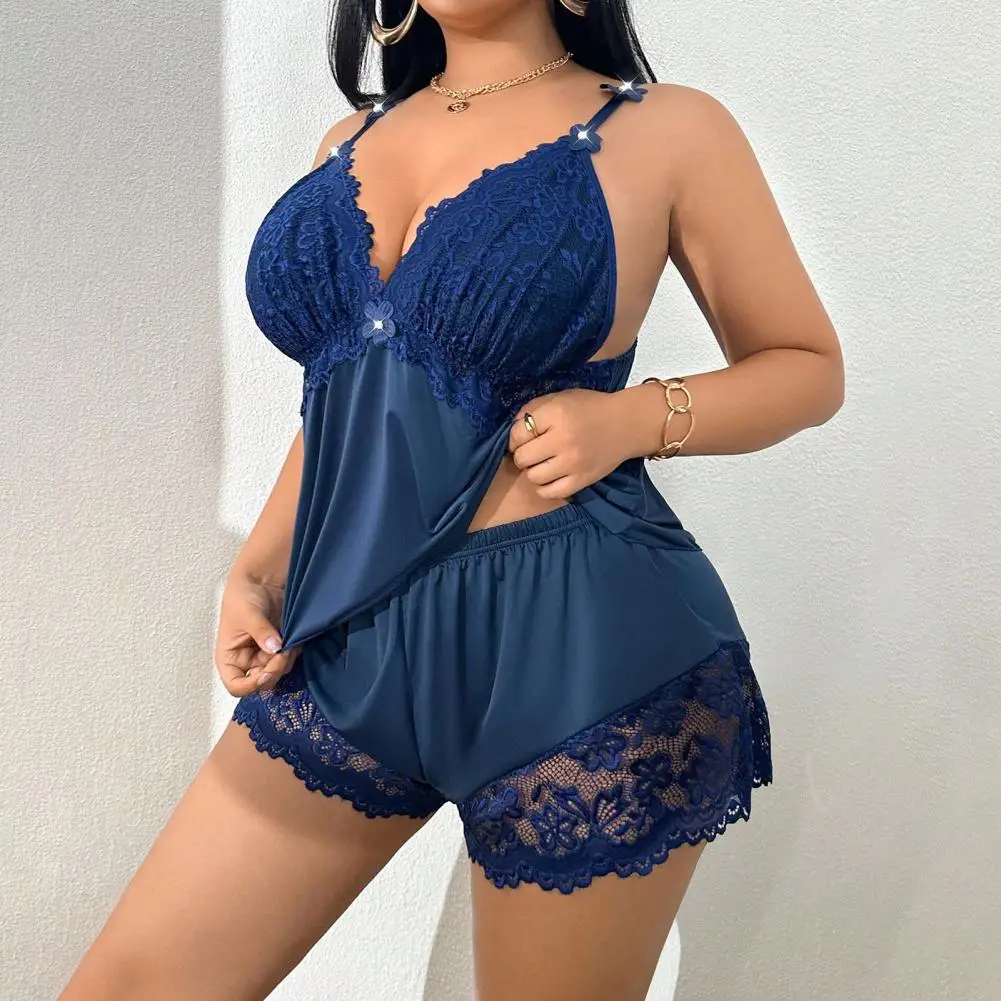 Homewear for Women Women Plus Size Pajamas Set Lace Trim Cami Top Shorts Nightwear Two-piece Sleepwear Lounge Set Comfortable