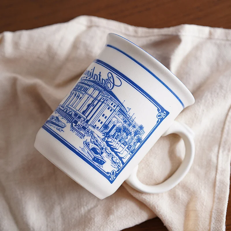 

Blue European and American Relief Architecture Ceramic Personality Afternoon Tea Coffee Cup Breakfast Cup Mug Retro Style