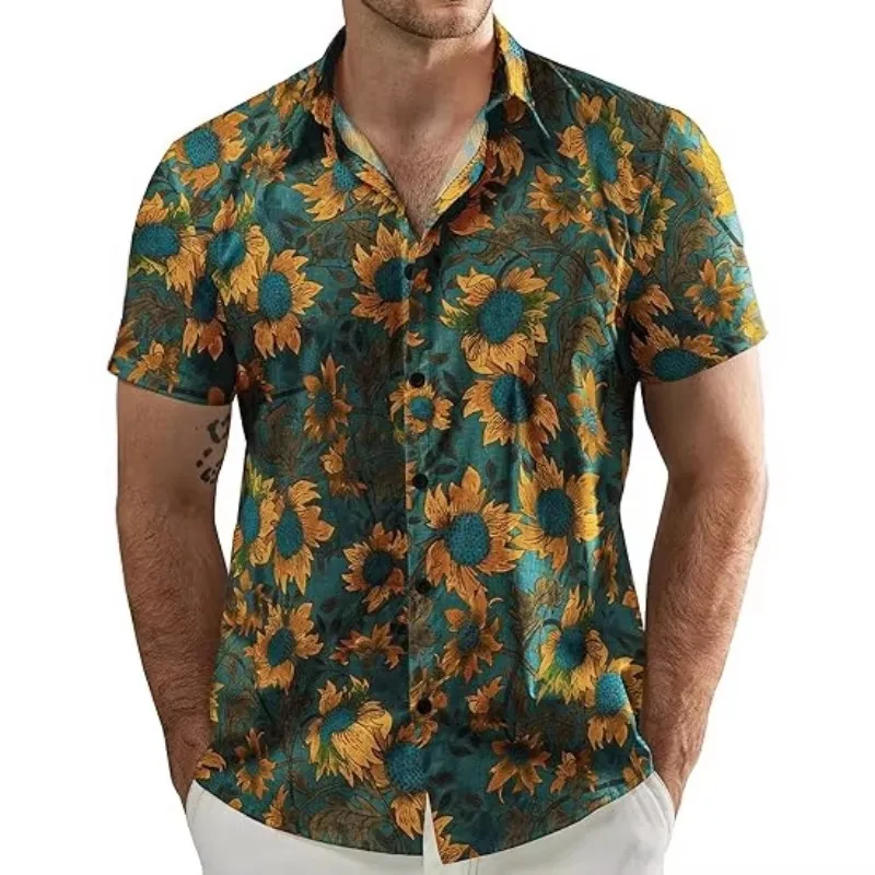 Slub Linen Breathable Short Sleeve Shirt Men's Summer Sunflower Print Casual Shirt