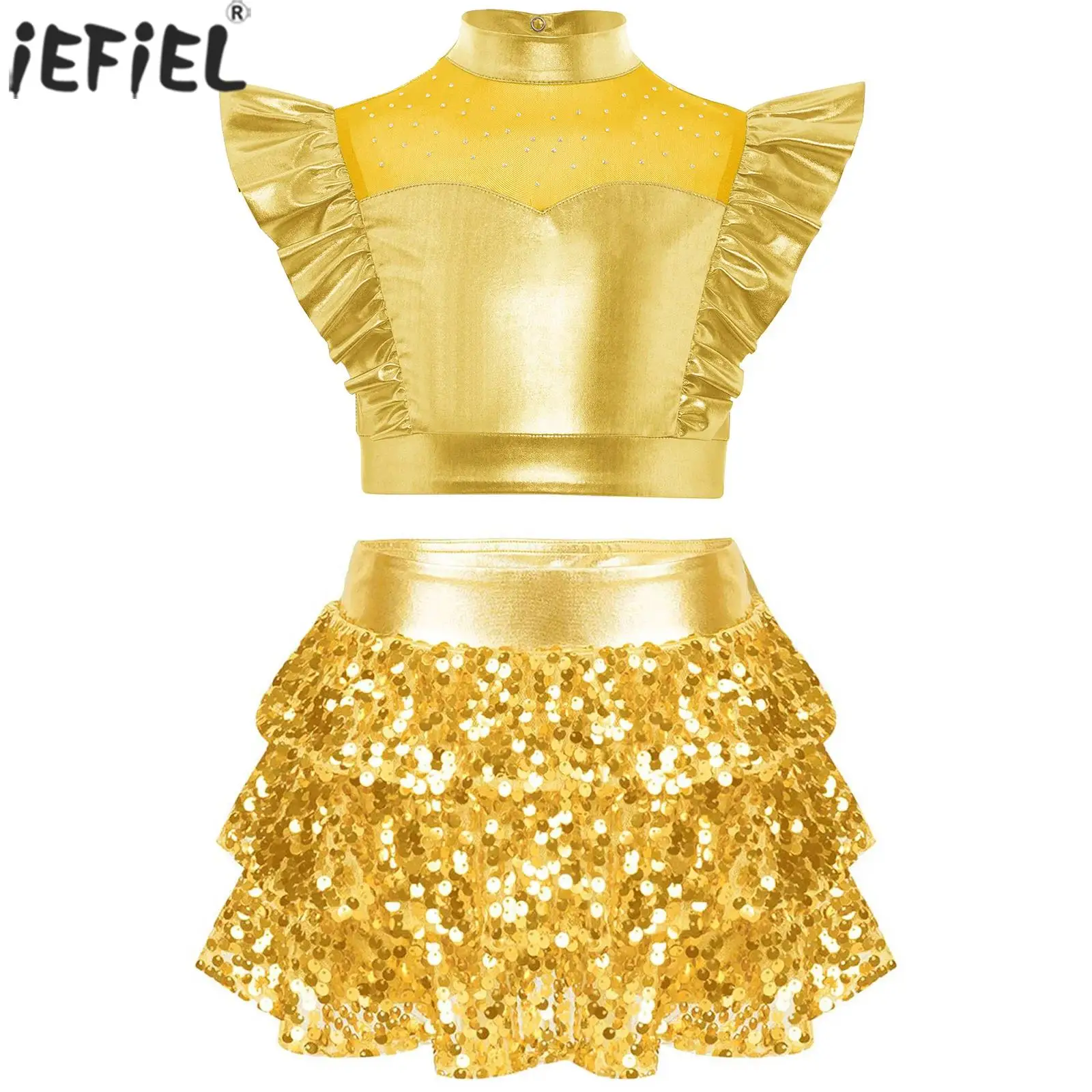 Girls Hip-hop Jazz Dance Outfit Metallic Shiny Rhinestone Mesh Ruffle Crop Top with Sequin Culottes School Party Stage Dancewear