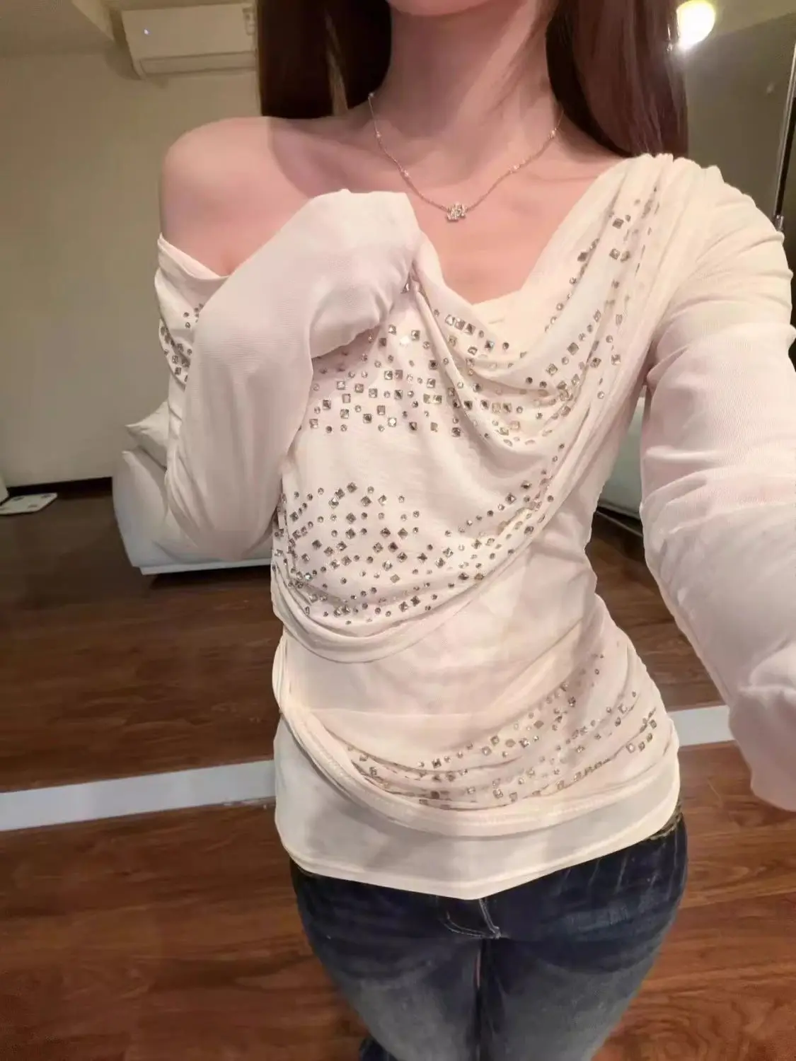 Kimutomo 2026 Autumn New French Mesh Patchwork Rhinestone Halter Neck Long Sleeve T-Shirt Women Slim Fit Elegant Base Layer Top