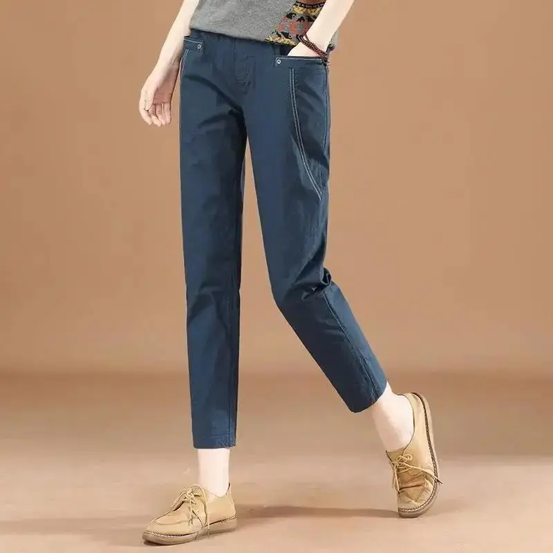 Pantalones informales con bolsillos elásticos para mujer, pantalón corto de cintura alta, holgado, combina con todo, Color sólido, a la moda, otoño, 2024