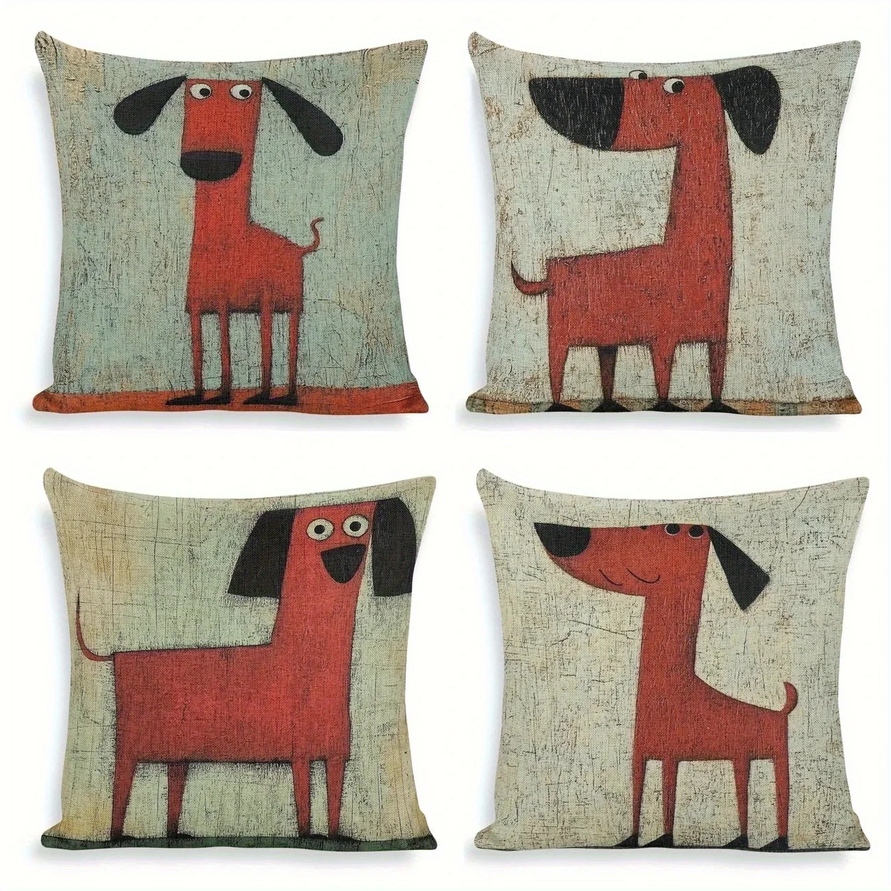 Decorative 4 Pack Printed Dog Cushion Covers Boho Farmhouse Style Cartoon Animal Print Pillow Set for Rustic Living Room Decor