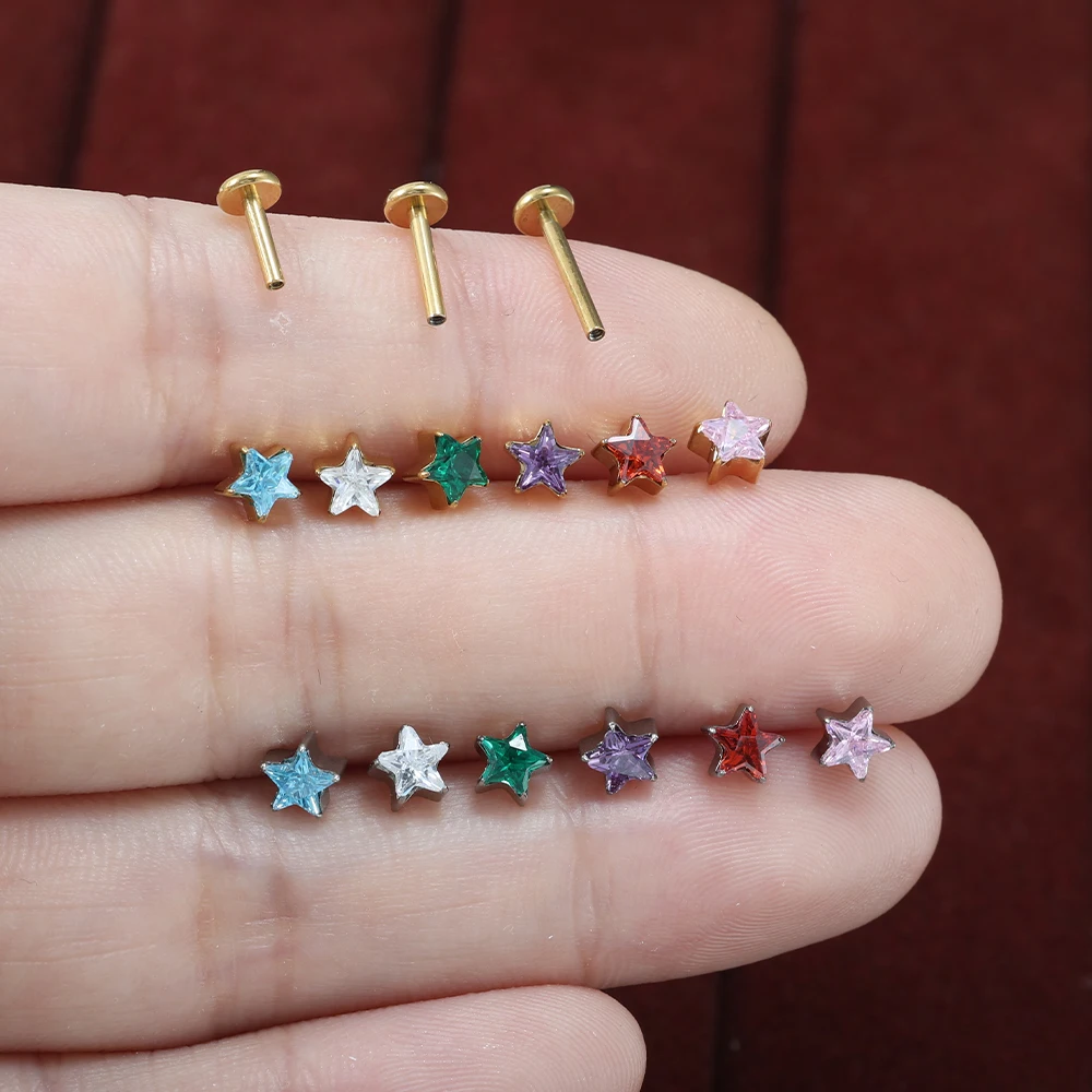 20pcs/lot ASTM F136 Full Titanium Star Zircon Stud Ear Lip Piercing Flat Back Body Jewelry For Daily Wear Bulk Supply