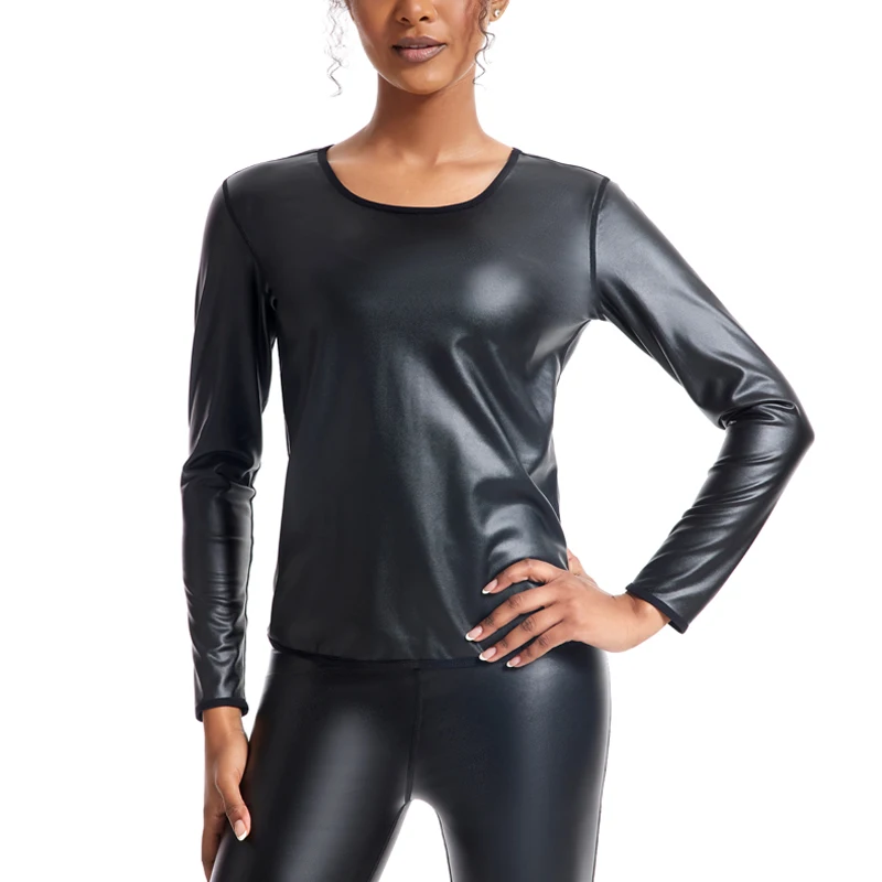 Women Body Shaper Leather Long Sleeves Shirts Faux Motorcycle Biker tops Waist Trainer Slim Tshirt Fashion Casual Shapewear tops