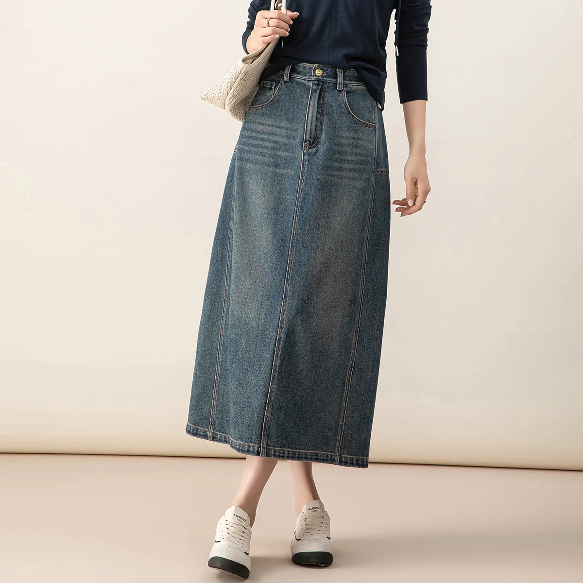 

Джинсовая юбка А-силуэта с высокой талией, женская, весна-осень, новая, средней длины, с разрезом, маленький размер, в корейском стиле