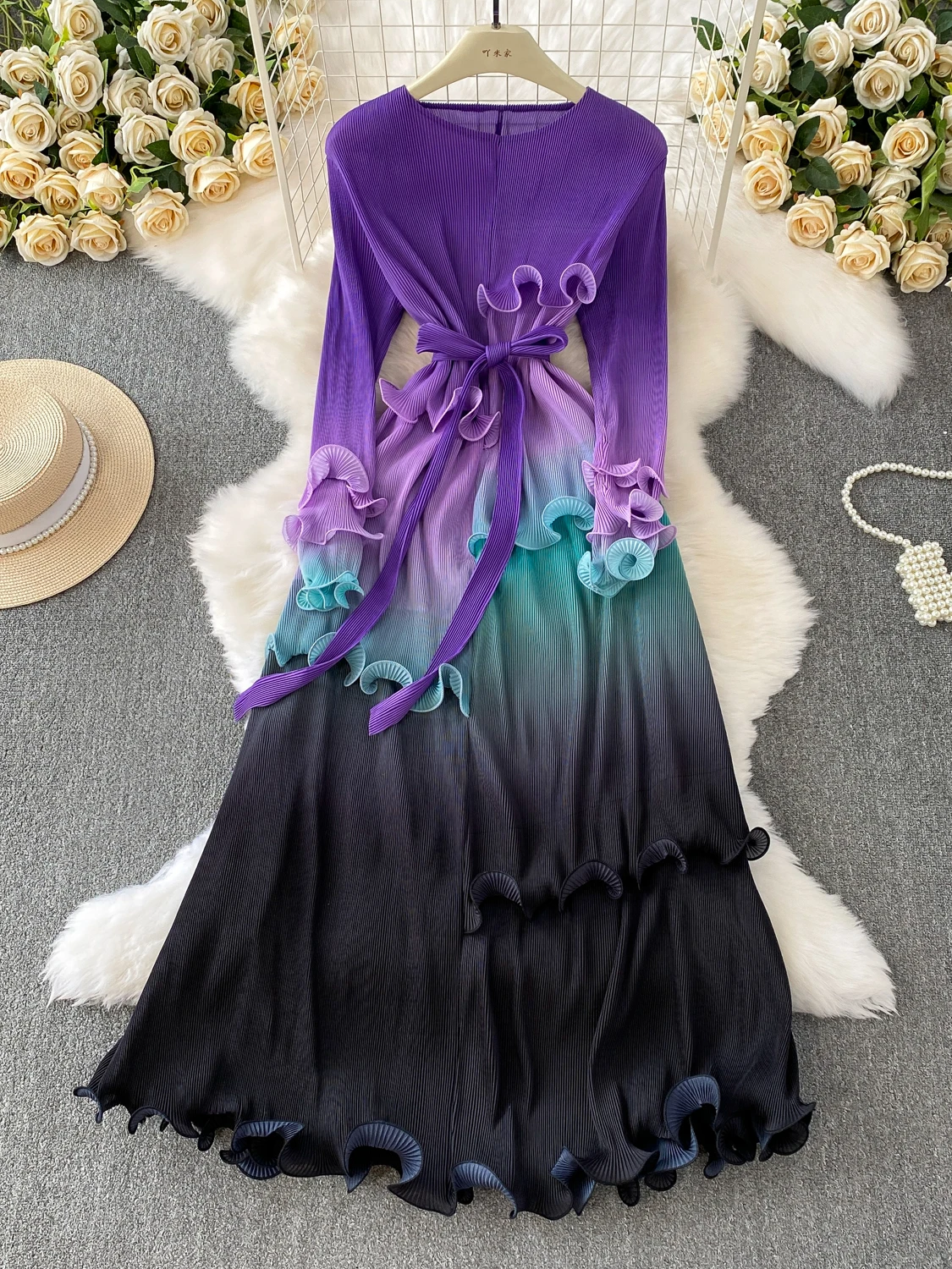 E Vestido Largo de Noche para Mujer, Vestido de Cintura Alta con Corte en A, Cuello Redondo, Color Deadado, con Deco...