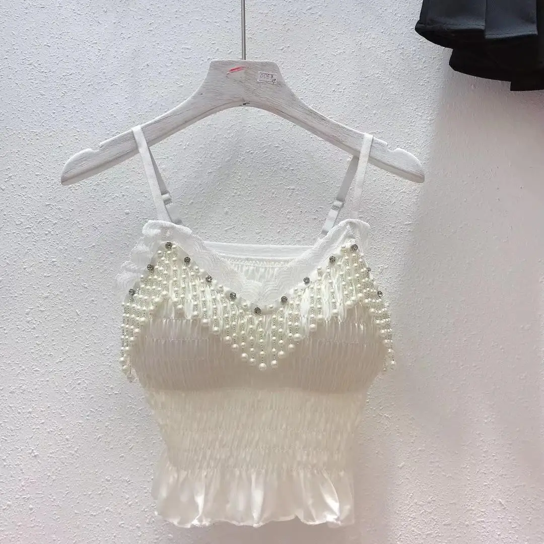 

Summer Tank Top Women Korean Style Beaded Camisole Short Sleeveless Slim Fit Sexy Bustier Crop Top Casual Fashion Outfit