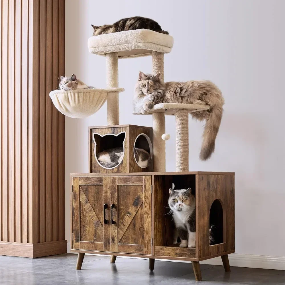 

Cat Litter Box Enclosure Tree with Litter Box Enclosure Cat Towers for Large Wooden Cat Condo Furniture with Washroom Tree