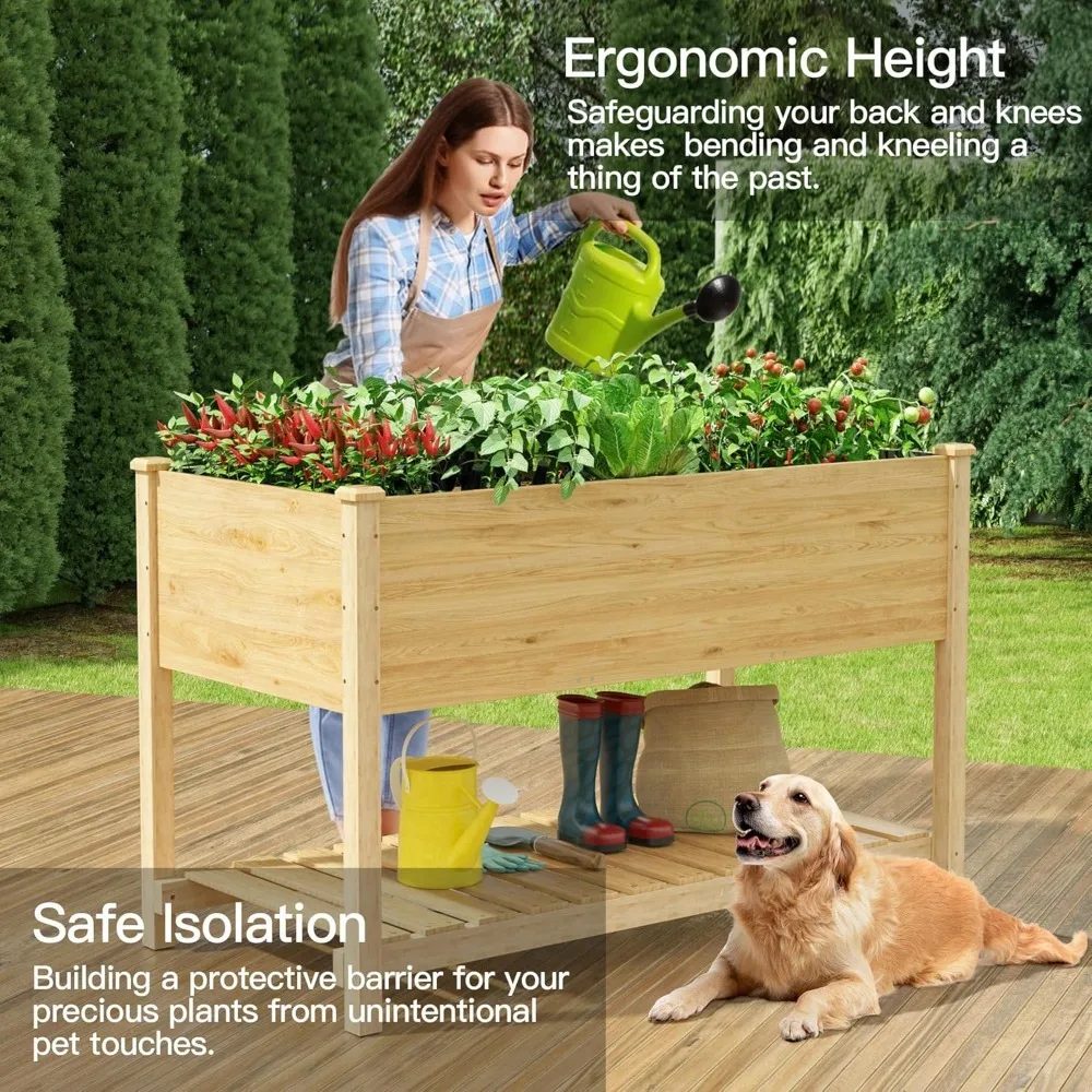 Raised Garden Bed with Legs 4 pcs,Outdoor Elevated Cedar Wood Planter Box with Storage Shelf for Vegetables/Flowers/Herbs