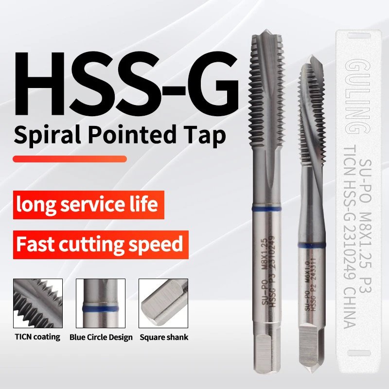 グラリング-スパイラルポインテッドタップ、ステンレス鋼用ネジタップ、標準小ねじ、HSS-G、jis、m2、m2.5、m3、m4、m5、m6、m7、m8、m10、m12