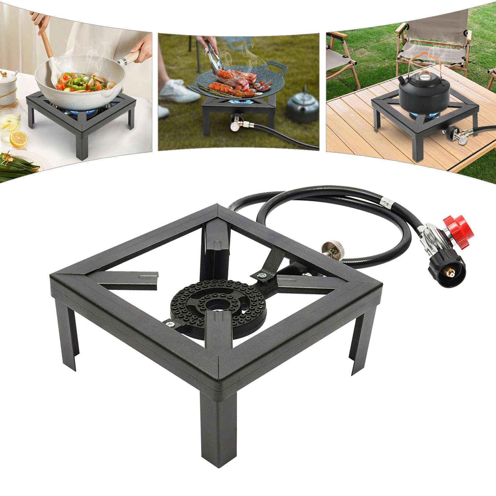 Portable Single Burner Gas Stove Outdoor Propane Cooker with Adjustable 0-20Psi Regulator Hose for Patio Camping, BBQ