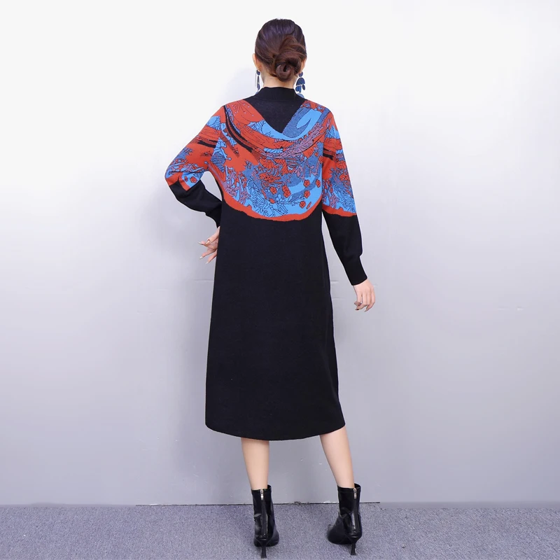 2025 Winter Elegante Frauen Casual Lose Gestrickte Gedruckt Lange Kleider Weibliche Lange Hülse Kontrast Farbe Kleid Großhandel J2101