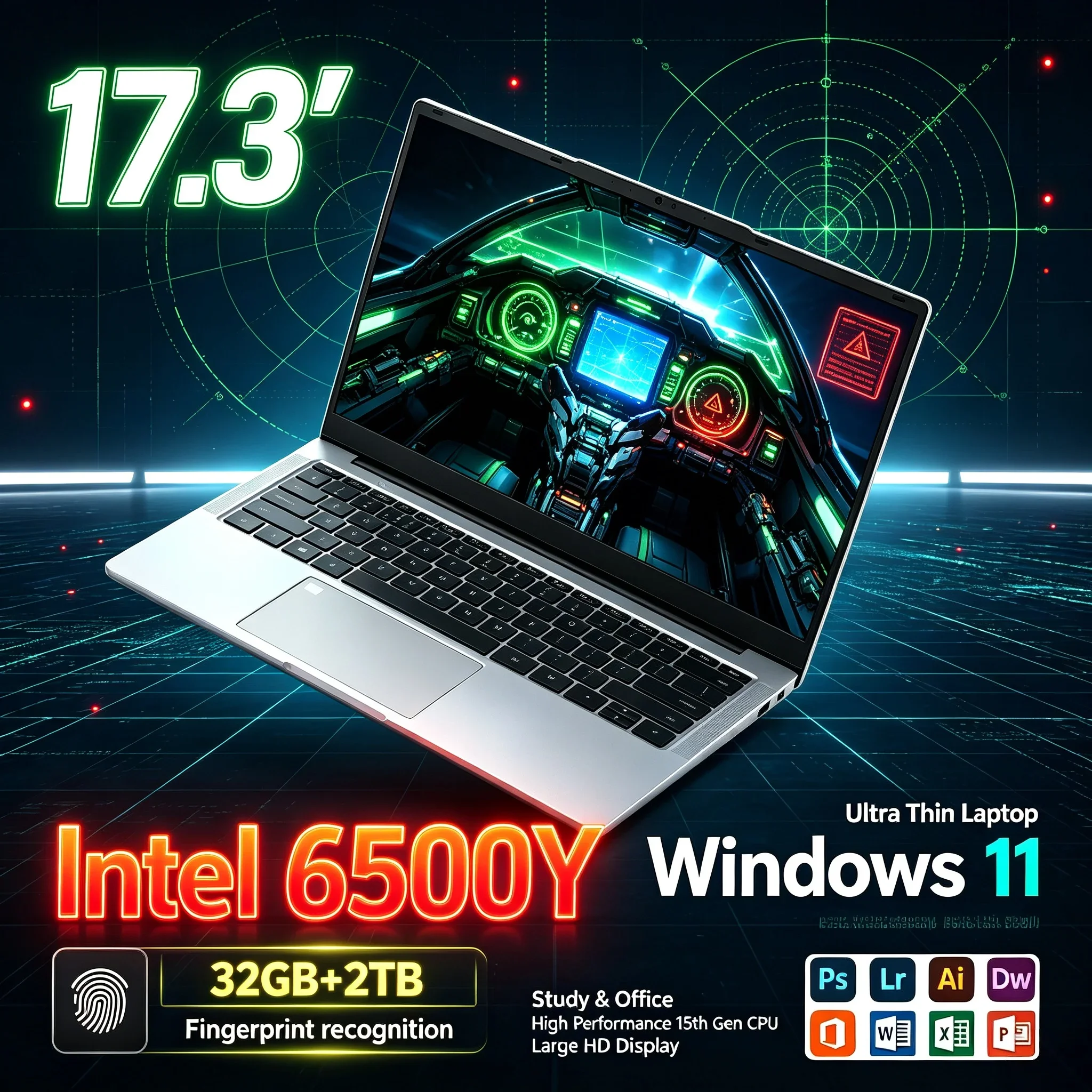 17.3'' Inch HD Laptop Computer Intel 6500Y 32GB Large RAM 1TB 2TB SSD Windows 11 WiFi6 BT5.2 Portable Notebook For Daily Office