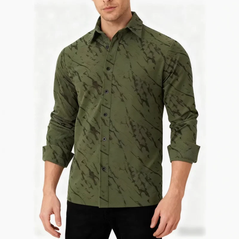 Men's Marble Print Long Sleeve Shirt Casual Button Down Textured Tops