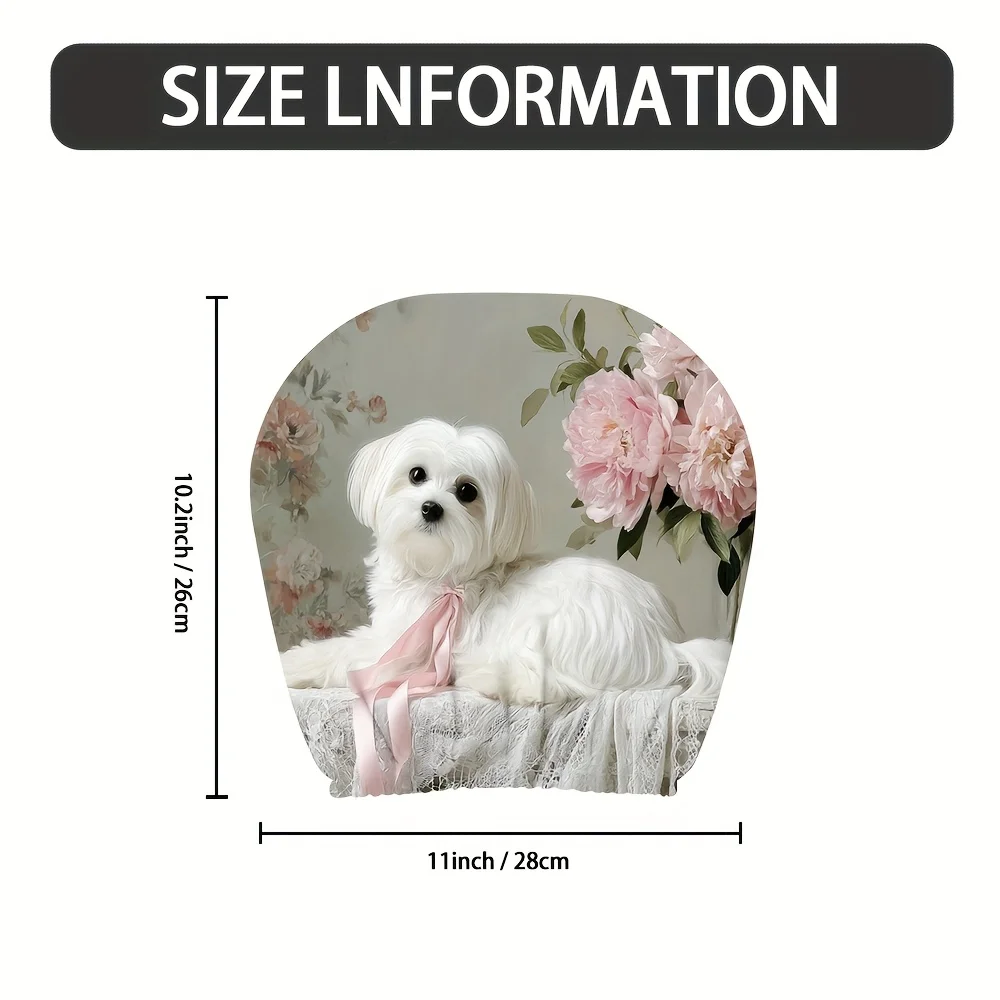2pcs 2D Flat Printing Car Headrest Covers Classic Stylish Simple Maltese Dog Pink Bow Flowers for Adjustable and Reusable
