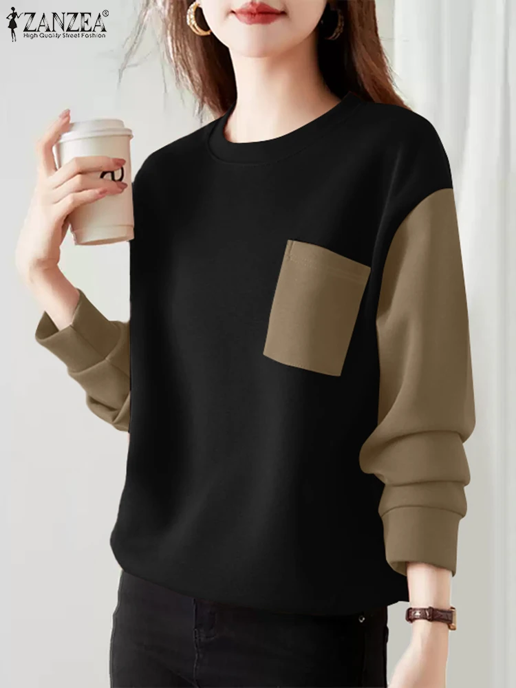 ZANZEA Long Sleeve 2024 Fall Sweatshirts Women Korean Fashion Color Block Patchwork Drop-shoulder Pullovers Loose Casual Hoodies