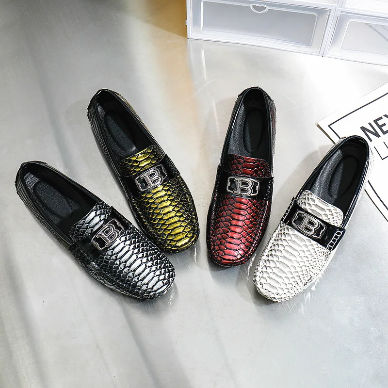 Snake Skin Patterned Loafers Shoes for Men Large Size 38-48 Slip-On Comfort Men's Casual Shoes Lacquer Leather Glossy Moccasin