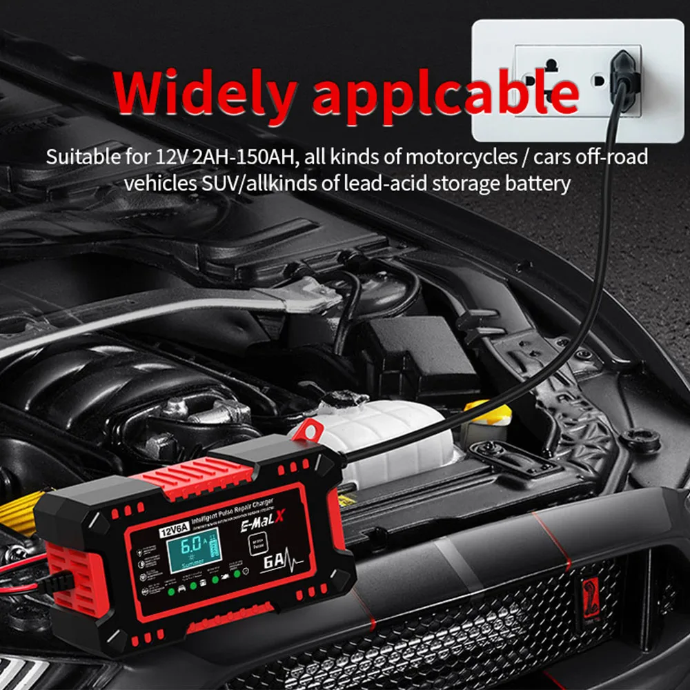 12V 6A Intelligent Pulse Repair Digital LCD Display Car Battery Charger For SUV Motorcycle Truck Voltage Temperature Detection