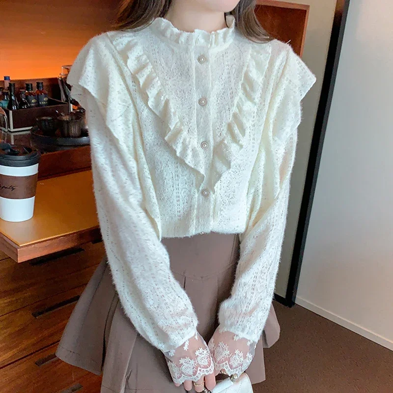 Süße Tops Vintage Rüschen Spitze Bluse Frauen Herbst Langarm Knopf Hemd Frauen elegante hohle Büro Dame Hemd Blusas