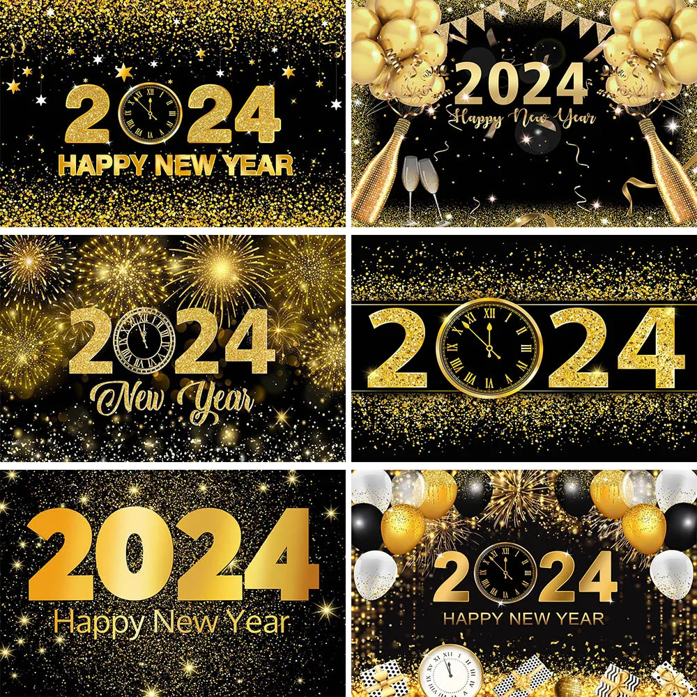 

Mocsicka 2024 Happy New Year Backdrop Glitter Gold New Year's Eve Party Decor Festival Family Portrait Background Photocall Prop