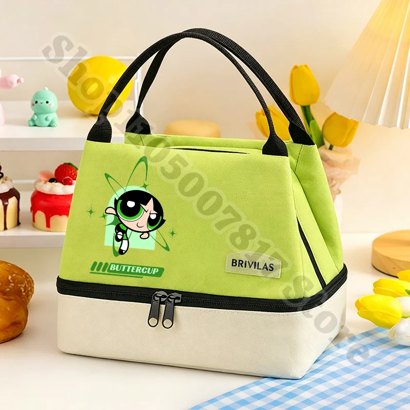 Kawaii The Powerpuffs Girls Anime Zip Lunch Tote Accessories Food Insulation Bag Cartoon Cute Storage Pouch Casual Handbag Gifts view 3