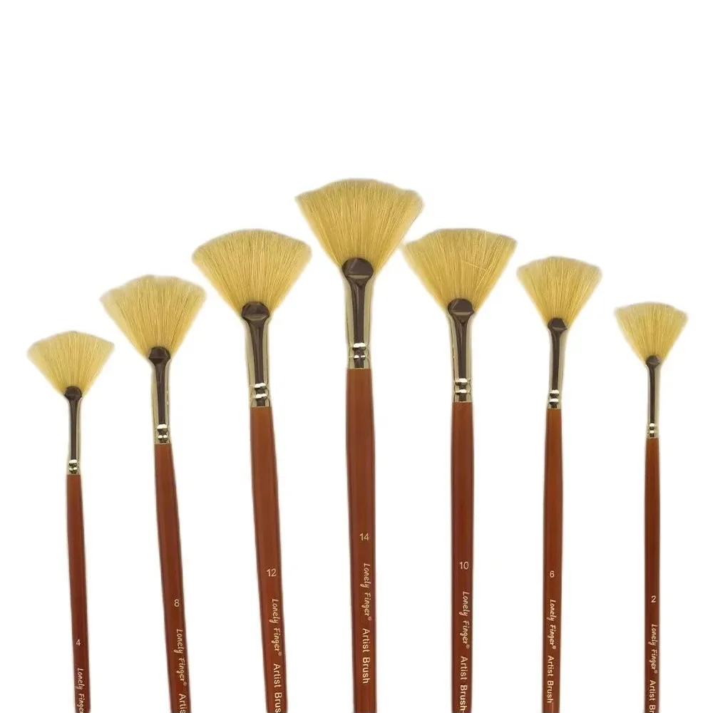7/14pcs Artist Fan Paint Brush, Hog Bristle Natural Hair Anti-Shedding Brush Tips, Long Wooden Handle for Comfortable Holding