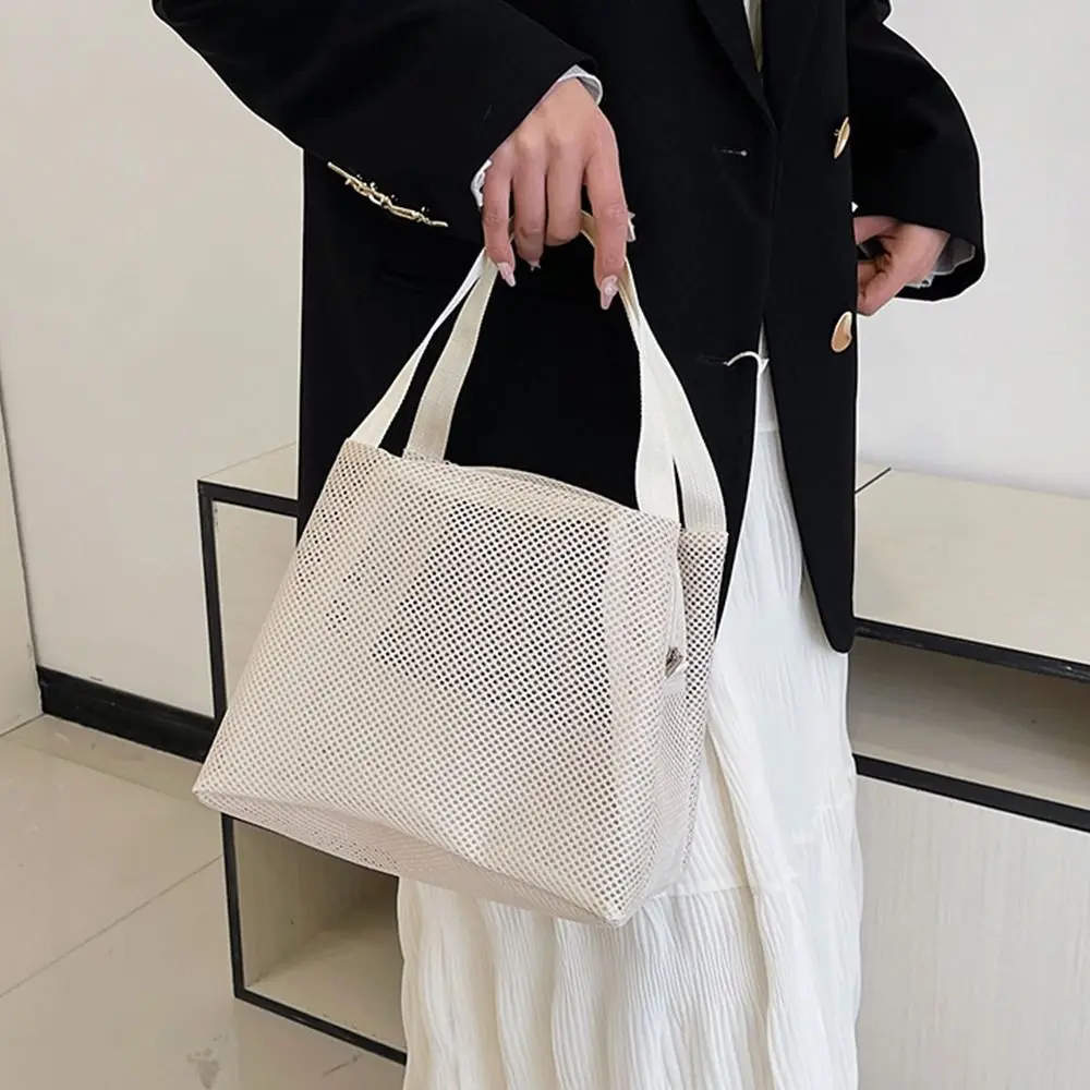 

Casual Mesh Tote Beach Bag Large Capacity Portable Toiltery Makeup Bag Solid Color with Handle Cosmetic Zipper Pouch Travel