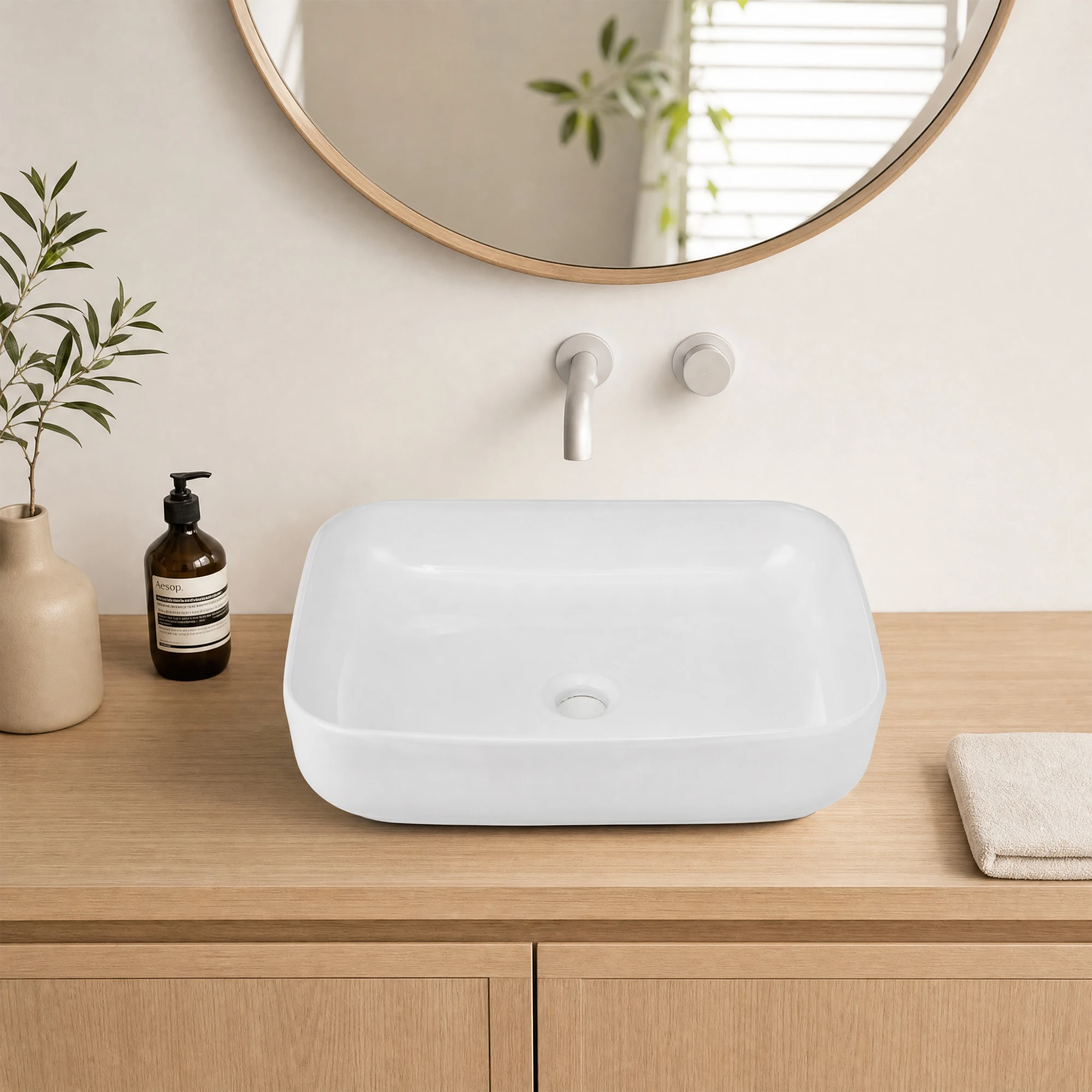 Bathroom Vessel Sink, 19.69'' x 15.75'' x 5.31'' Semi Recessed Bathroom Sink Rectangular White Ceramic Sinks for Bathroom Modern Bath Sink Bowl Vanity Sinks Above Counter Basin view 2