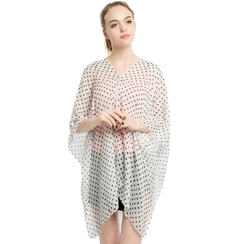 

2022 New Wave Point Pearl Buckle Beach Towel Printed Chiffon Shawl Summer Female Sunscreen Shawl Cloak Poncho Capes White