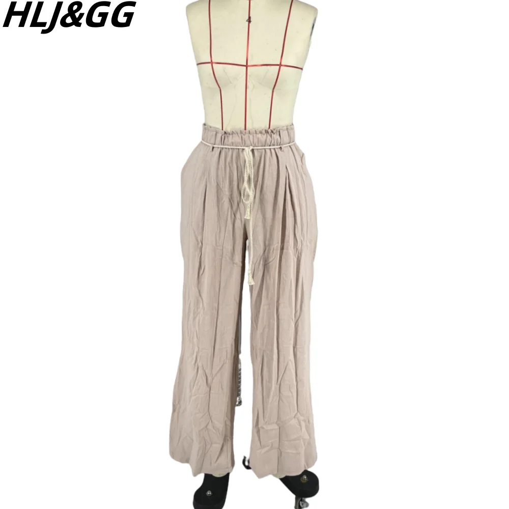 HLJ & GG pantaloni a gamba larga con coulisse in tinta unita moda donna pantaloni dritti Hip-hop elastici a vita alta pantaloni Casual abbinati