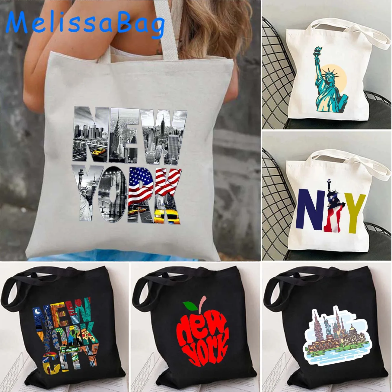 

USA New York City Statue Of Liberty Big Apple American the 4th of July Gifts Canvas Shoulder Tote Bag Shopper Cotton Eco Handbag