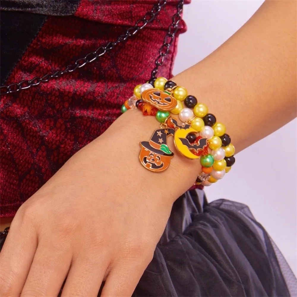 3pcs Gothic Style Pumpkin Pendant Bracelet Zinc Alloy Black Cat Halloween Hand Chain Set Haunted House Ghost