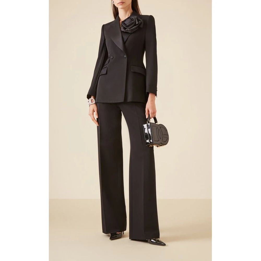 Luxury Classic Black Women's Suits Double Breasted 2 Pieces Jacket Pants Female Clothing Office Banquet Lady's Blazers Sets