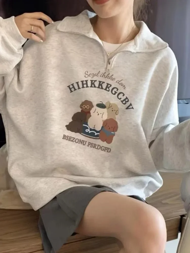 

Puppy Printing Polo Neck Casual Women's Hoodies Chic Zipper Simple Fashion Female Hoodies Office Ladies Basic Winter Streetwear