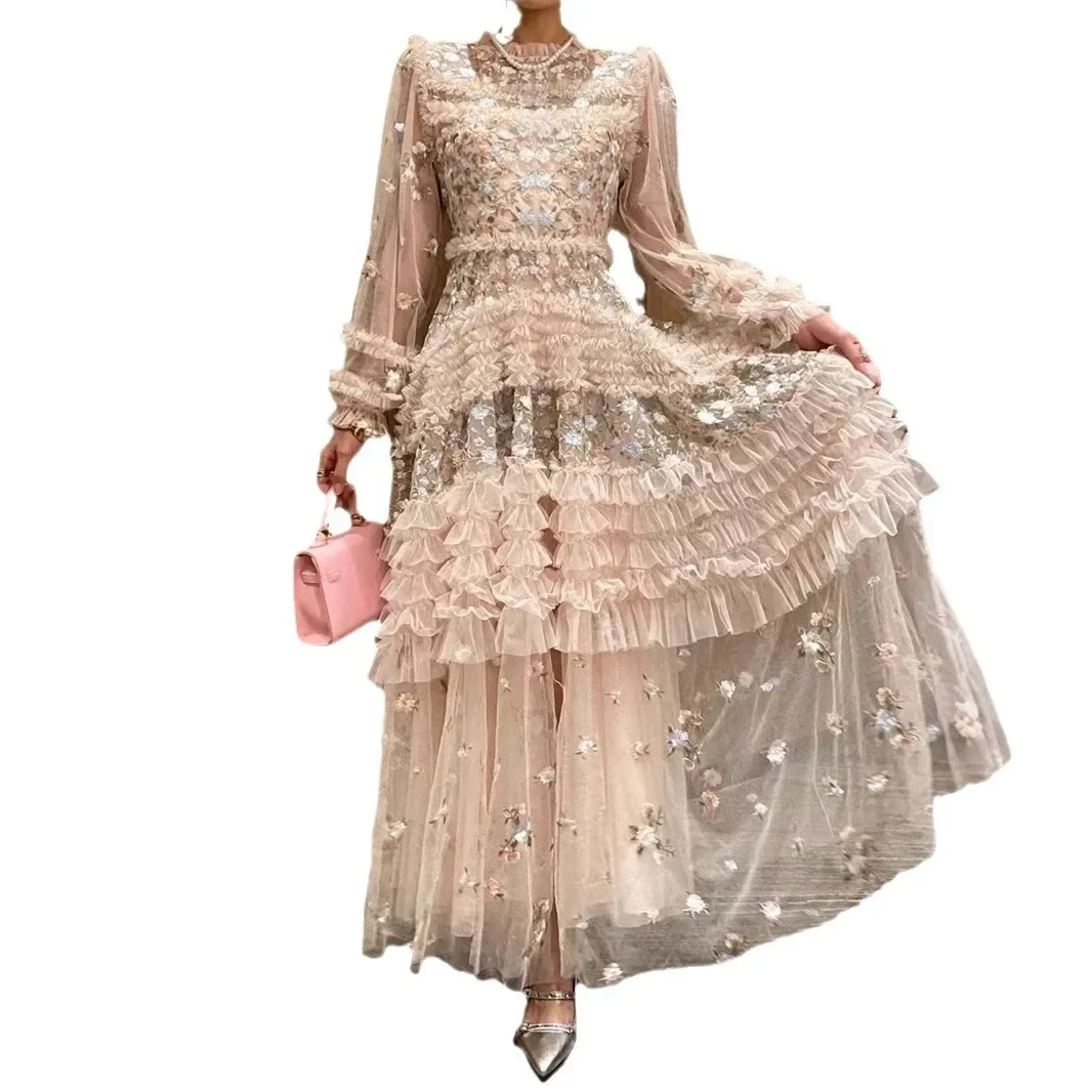 الربيع الصيف حالمة الجنية زهرة التطريز تول فستان طويل ماكسي تنورة نمط الأزهار طباعة ثوب مسائي الملابس النسائية #5