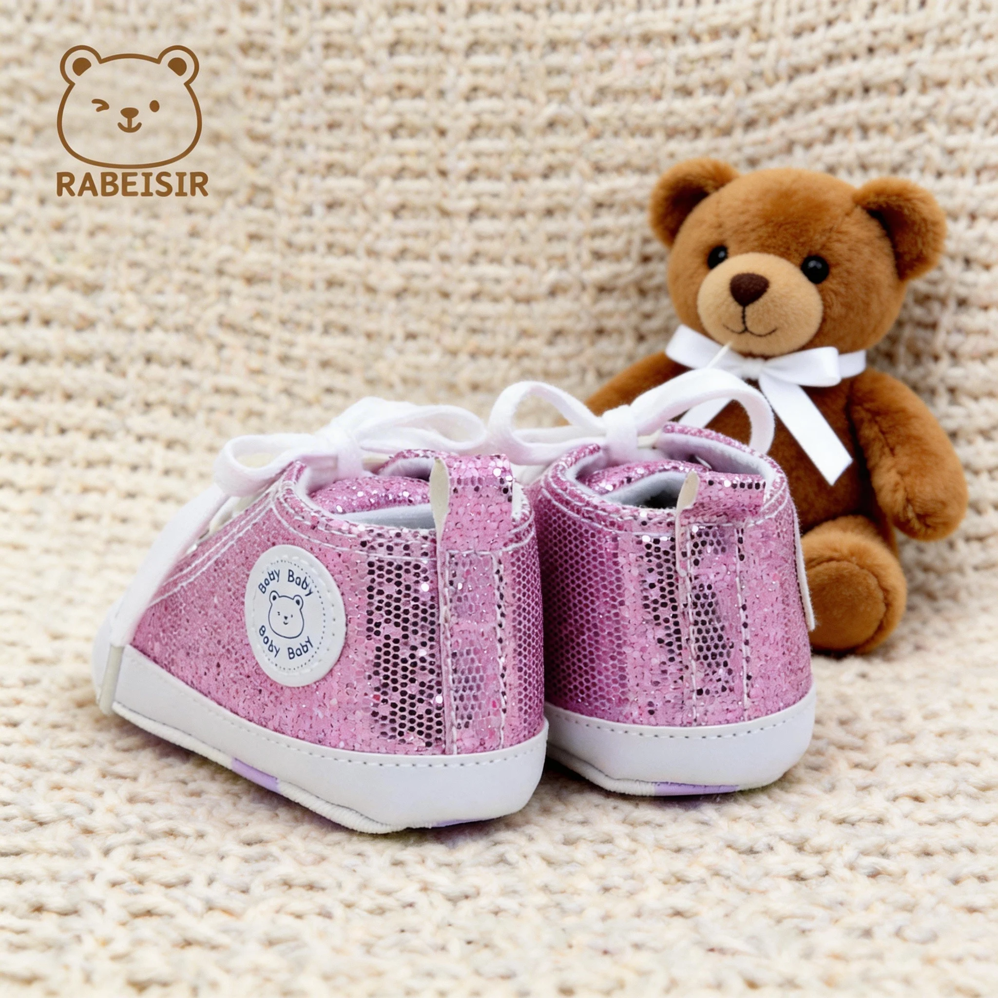 Sequin Baby Crib Shoes 0‑18 Months Faux Lace‑Up Design Lightweight Soft Sole Daily Casual Infant First Walker Shoes