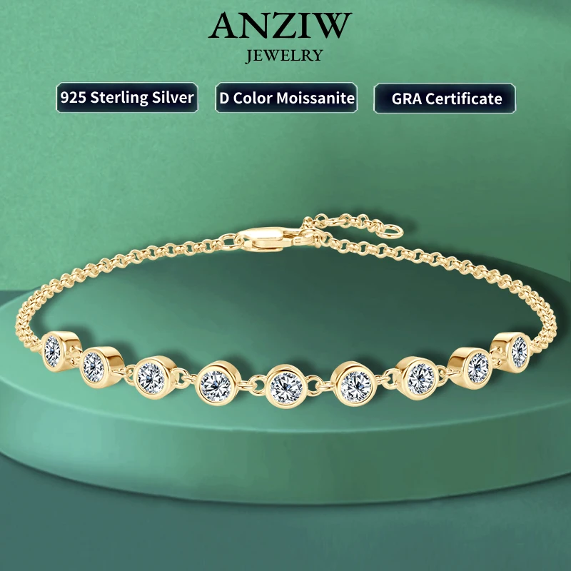 

Anziw Real 925 Silver Bubble Bracelet 3mm Bezel Round Cut D Color Moissanite Bracelet for Women Jewelry Gifts with Certificate