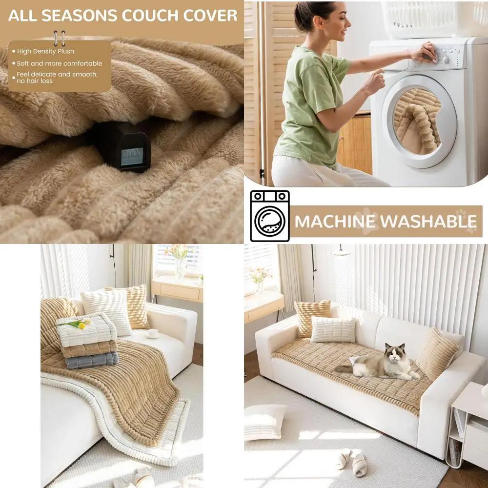 

Washable Dog-Friendly Couch Cover, Non-Slip Plush Sofa Protector, 3-Cushion, All-Seasons (Coffee, 31.5 x 82.7)