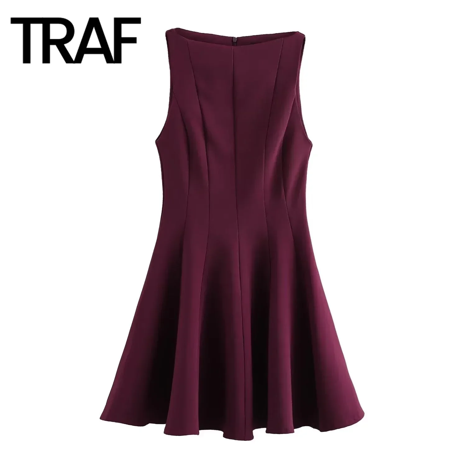 TRAF Dress for Women Fashion 2024 Autumn New French Back Zip Wide Pleated Vest Dresses Birthday Party Chic Female Evening