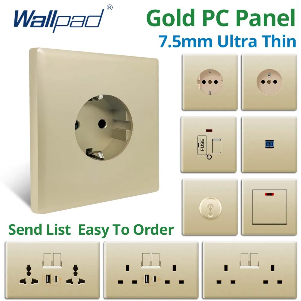 

Wallpad Wall Gold EU UK MF Electric Power Socket With USB C Charge Port Ultra Thin Plastic Panel 10A 250V