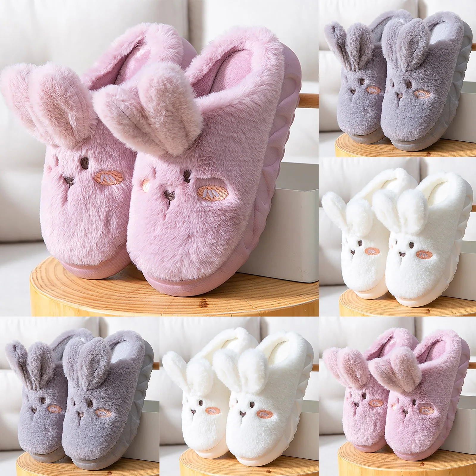 2023 Cute Plush Animal Slippers Women Lovely Bunny Rabbit Slides Indoor Bedroom Platform Slippers Fluffy Furry Soft Sole Shoes