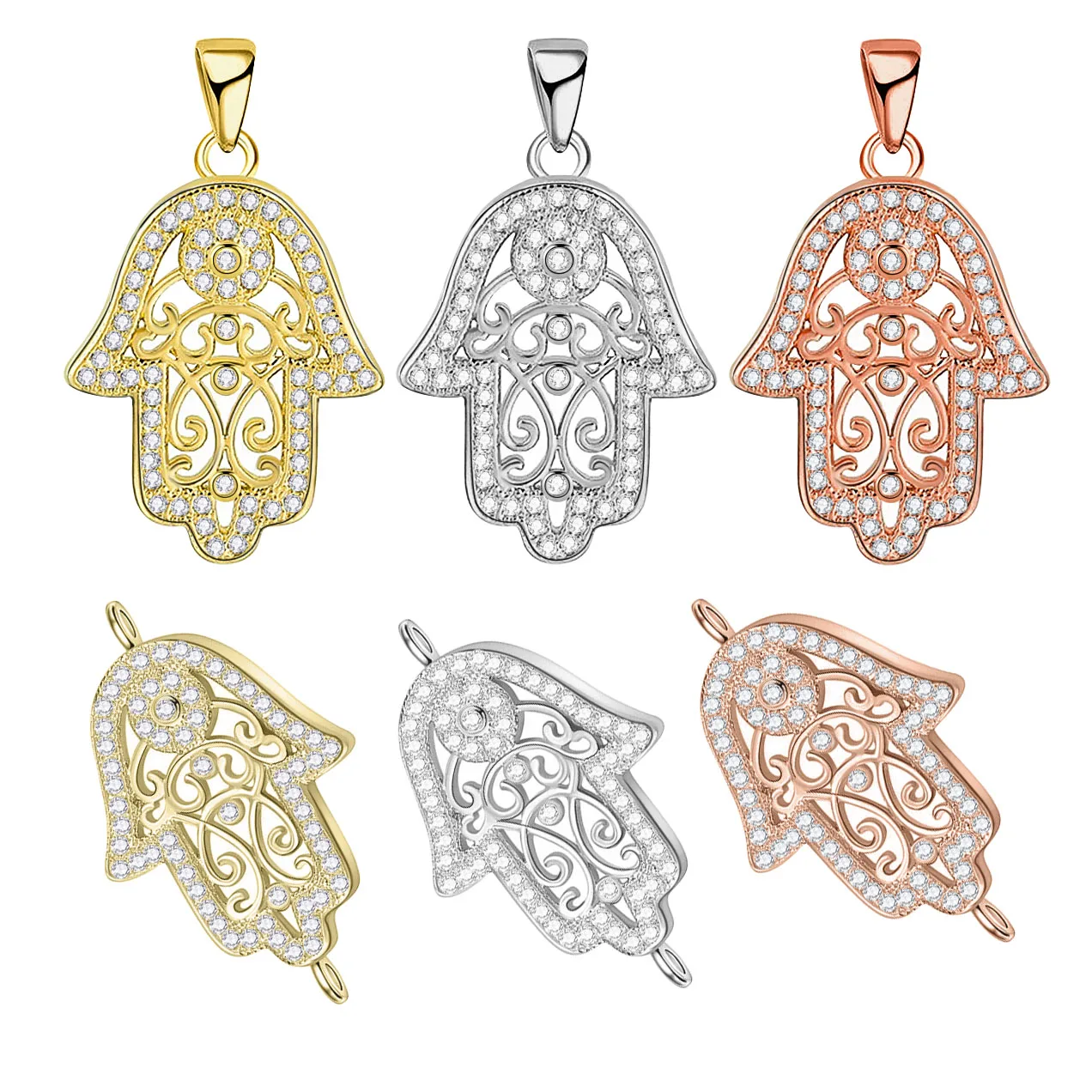 AAA Cubic Zirconia Crystal Hamsa Hand Of Fatima Pendant Connector 2025 New Fashion Copper CZ Stones DIY Jewelry Makings Present