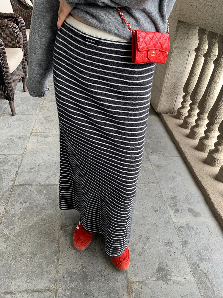 

Вязаная шерстяная полосатая юбка средней длины, женская осенне-зимняя новая повседневная юбка трапециевидной формы с высокой талией для женщин