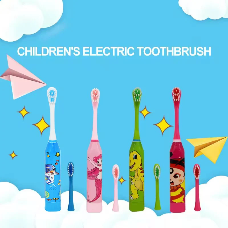 Электрическая зубная щетка для детей, мягкая щетина DuPont с мультяшными узорами, зубная щетка на батарейке, IPX7, водонепроницаемая, со сменной головкой