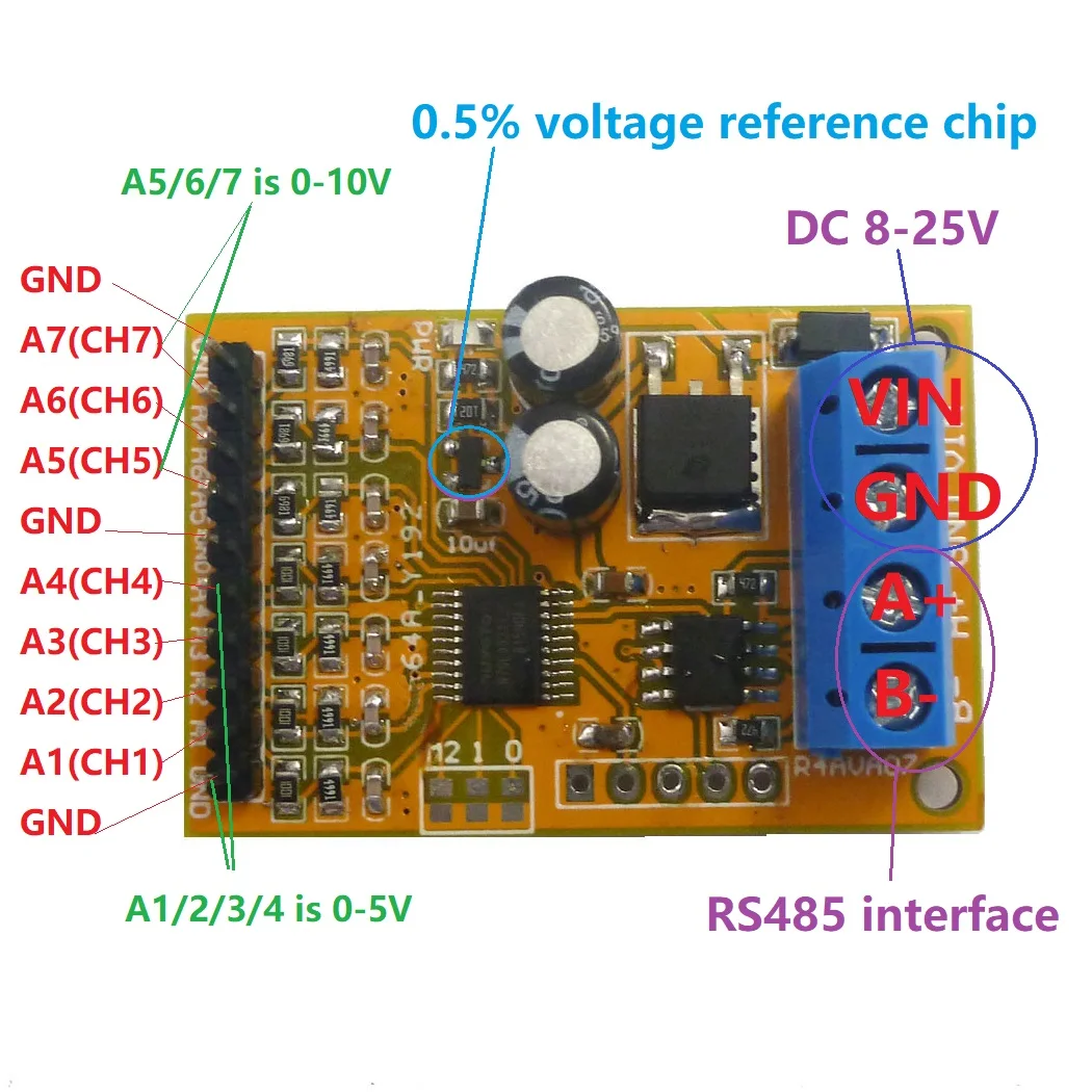 0-5V/0-10V 7ch Voltage Analog Acquisition RS485 Modbus RTU R4AVA07 Module