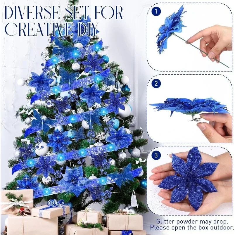 10 pezzi di fiori artificiali blu decorazione natalizia fiori finti per la decorazione domestica ornamento per albero di Natale ghirlanda fai da te accessori per regali