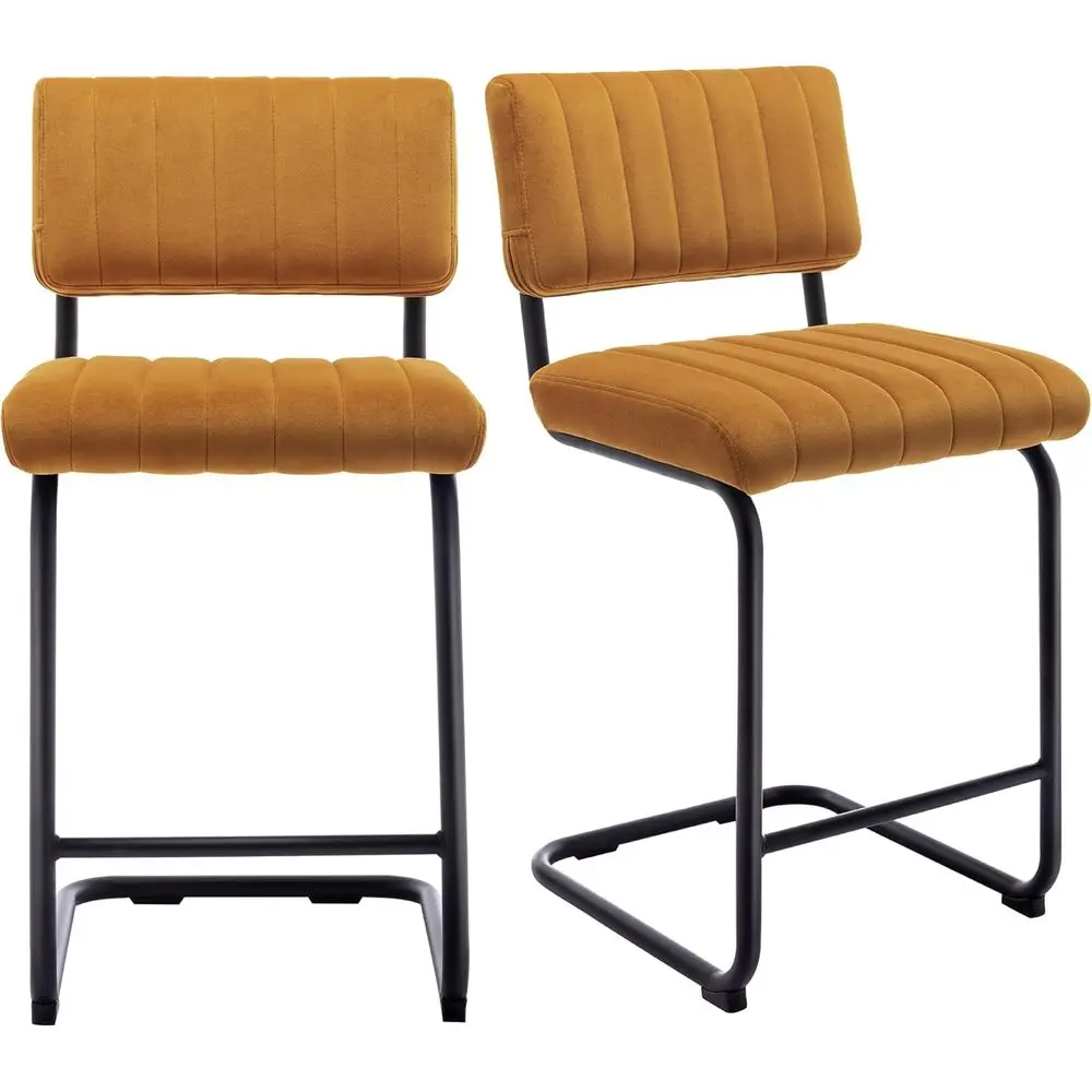 

24 Inch Modern Counter Height Bar Stools Set of 2, Upholstered Velvet Fabric with Backrest and Matte Black Metal Legs, Orange