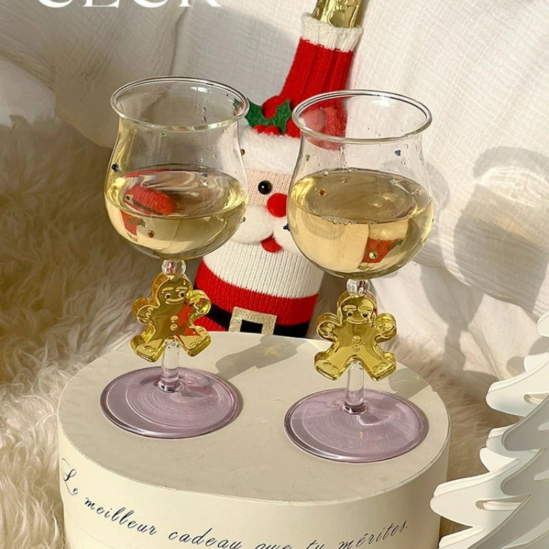 Cute Christmas Gingerbread Man Glass Goblet Champagne Cup for Red Wine Party Gift Home Bar Drinkware Decor Crystal Box Set
