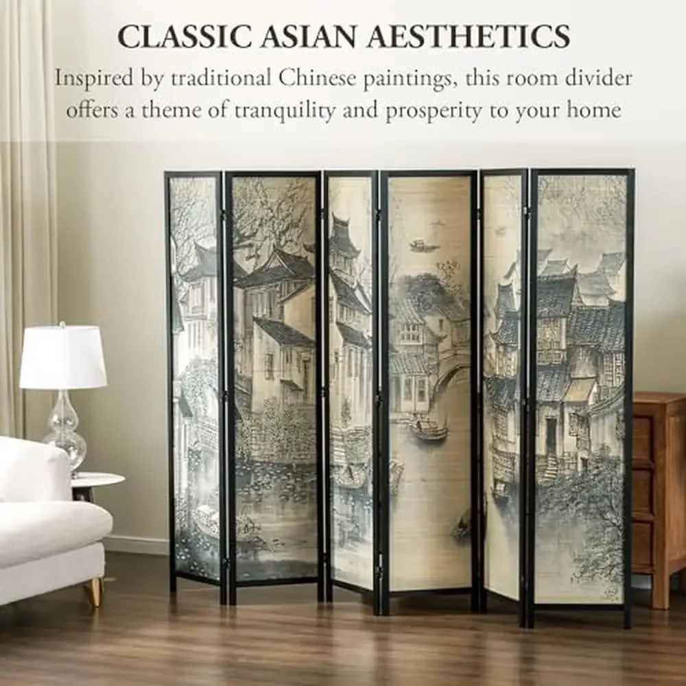 Large Foldable Bamboo Room Divider Privacy Partition Asian Water Village Print Serene Office Dorm Business Home Divider Solid